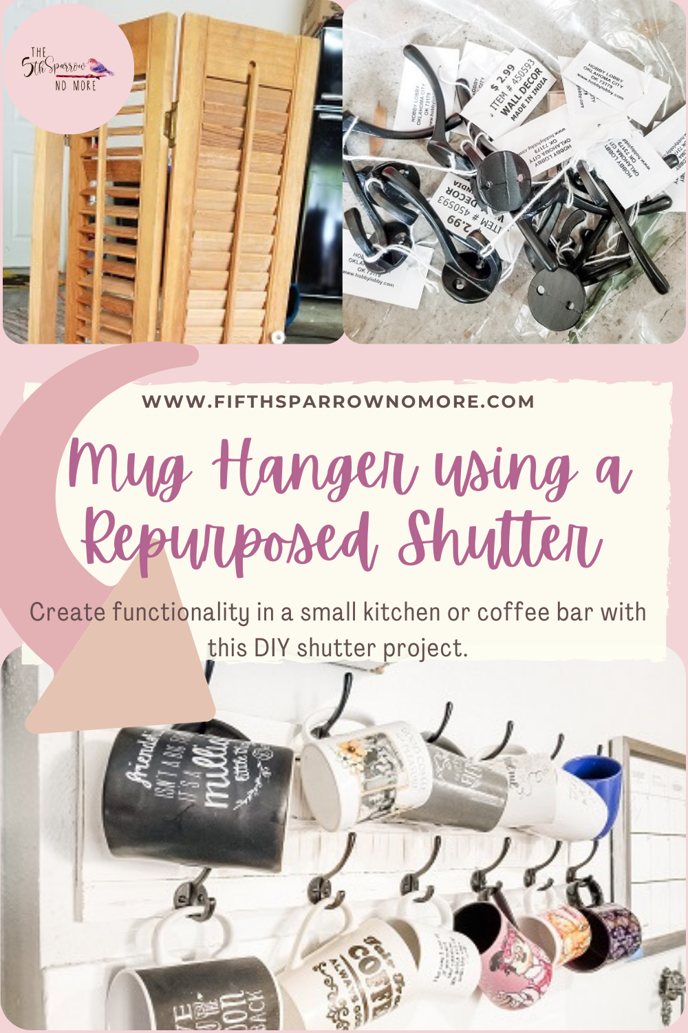 Create organizational décor for your coffee bar by repurposing a wood shutter and adding hooks to it to make a hanging coffee mug rack.