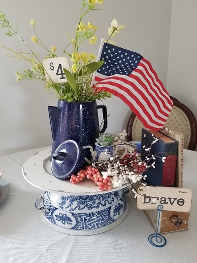 Patriotic centerpiece showing recreated vintage cash register flags