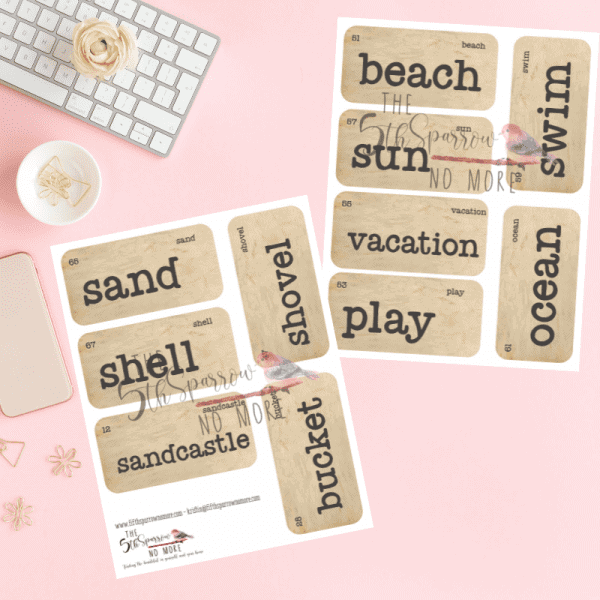 printable set of eleven beach and vacation themed flashcards