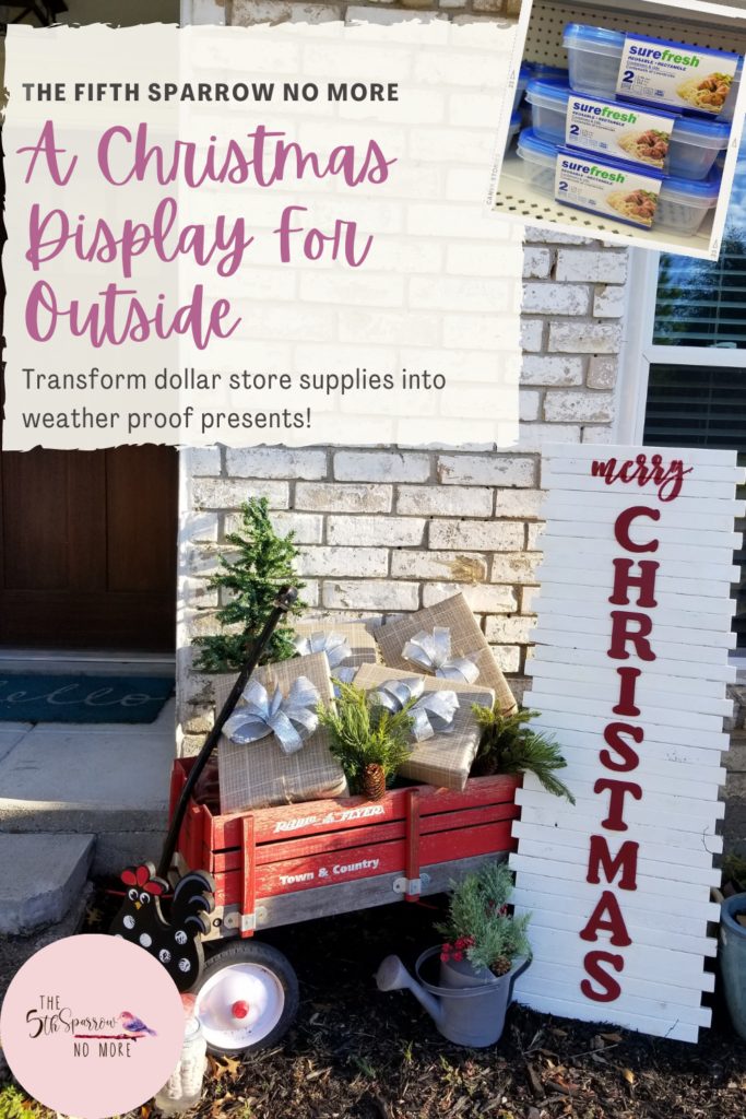 Make Christmas presents for outdoor displays that are simple, inexpensive, and weather resistant with plastic containers and tablecloths!