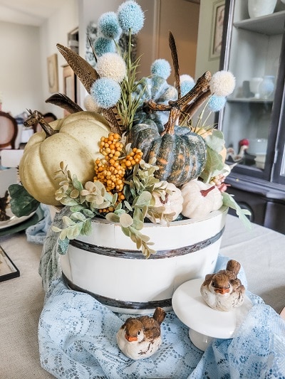 Fall Table Centerpiece in a recreated Firkin