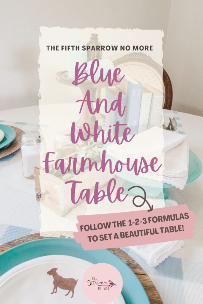A wood, white and plaid farm animal table was set with blue place settings, vintage and new pieces. This a farmhouse table you'll want to recreate yourself!