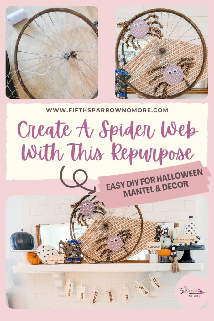 A bike wheel rim gets new life as a spider web on this Halloween mantel. This simple project is perfect for your Halloween home decor!