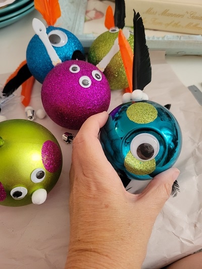 DIY monster craft using ornaments