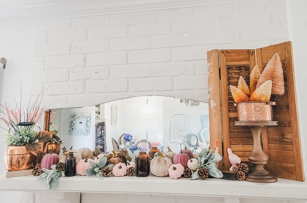 The Fall mantel you want in copper and blush, better yet in thrifted copper finds, blush pumpkins, amber bottles and vintage pieces.