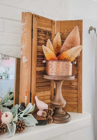 The Fall mantel you want in copper and blush, better yet in thrifted copper finds, blush pumpkins, amber bottles and vintage pieces.