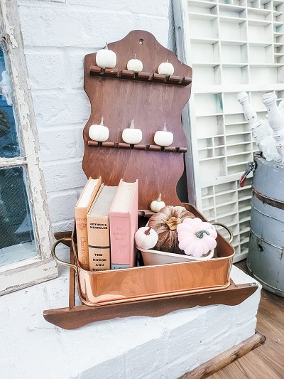 The Fall mantel you want in copper and blush, better yet in thrifted copper finds, blush pumpkins, amber bottles and vintage pieces.