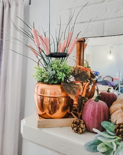 The Fall mantel you want in copper and blush, better yet in thrifted copper finds, blush pumpkins, amber bottles and vintage pieces.