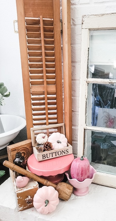 The Fall mantel you want in copper and blush, better yet in thrifted copper finds, blush pumpkins, amber bottles and vintage pieces.