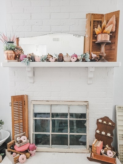 The Fall mantel you want in copper and blush, better yet in thrifted copper finds, blush pumpkins, amber bottles and vintage pieces.