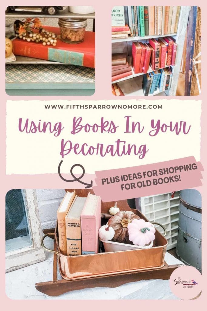 pinterest image for 20 plus ideas to use books in decorating
