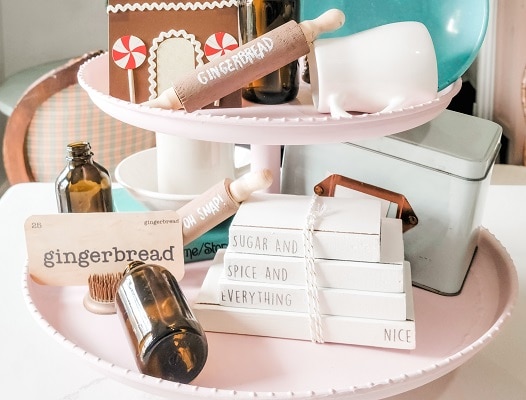 a gingerbread tiered tray with easy graphic transfer printable