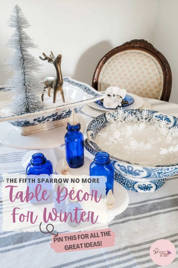 Blue and White Winter Table with Snowflakes, cobalt blue accessories and bottle brush trees