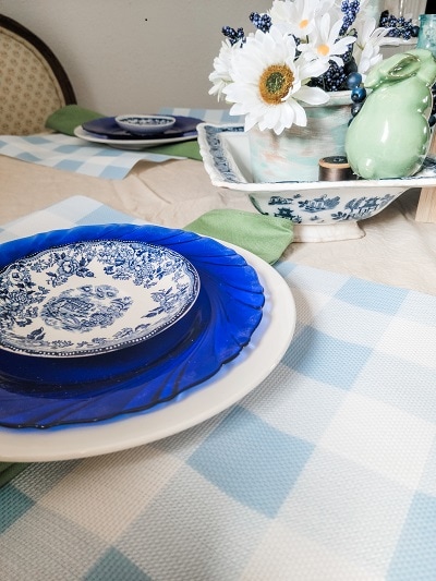 blueberry themed table transferware and cobalt blue glass