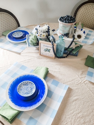 blueberry themed table transferware and cobalt blue glass