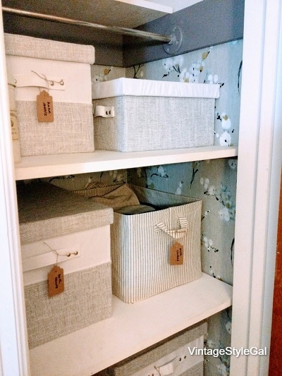 Fabric baskets in a closet for storage