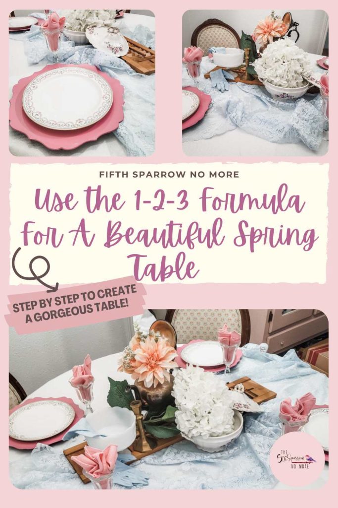 A table set with shabby chic elements, pink, blue pieces