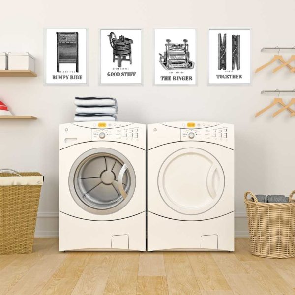 Set of four laundry room prints with funny sayings and vintage graphics