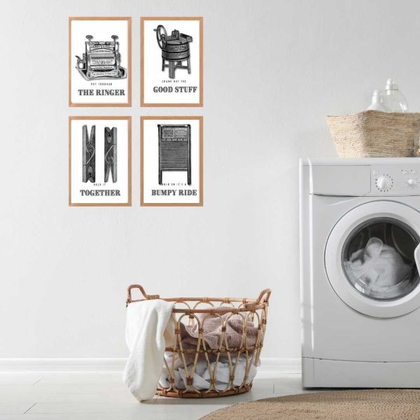 Set of four laundry room prints with funny sayings and vintage graphics
