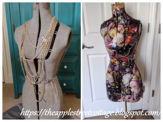 Dressmaker Form Before and after is covered in floral paper