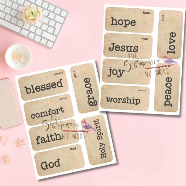 This set of eleven distressed, aged-looking, vintage-style flash cards include the words from the hymns: blessed, comfort, faith, God, grace, Holy Spirit, hope, Jesus, joy, worship, peace, and love.
