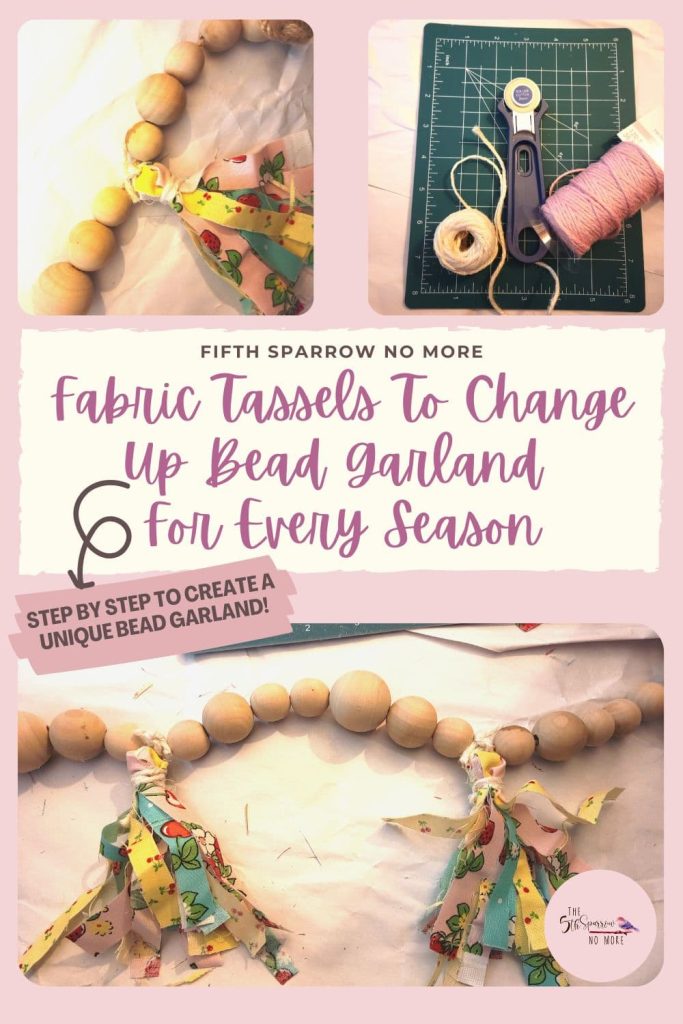 With scraps of fabric easily change up a wood bead garland for each season. Get a different look all year with one garland and different fabrics.