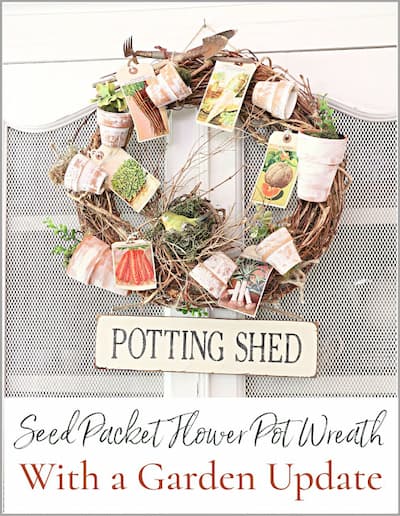 Wreath with weather small terra cotta pots and seed packets