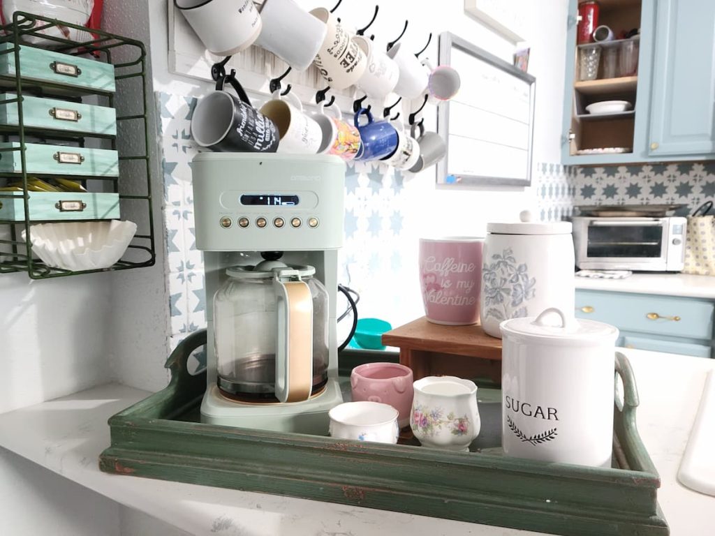 The best DIY ideas for a kitchen coffee bar for a small space repurposing vintage items and old shutters for organization.