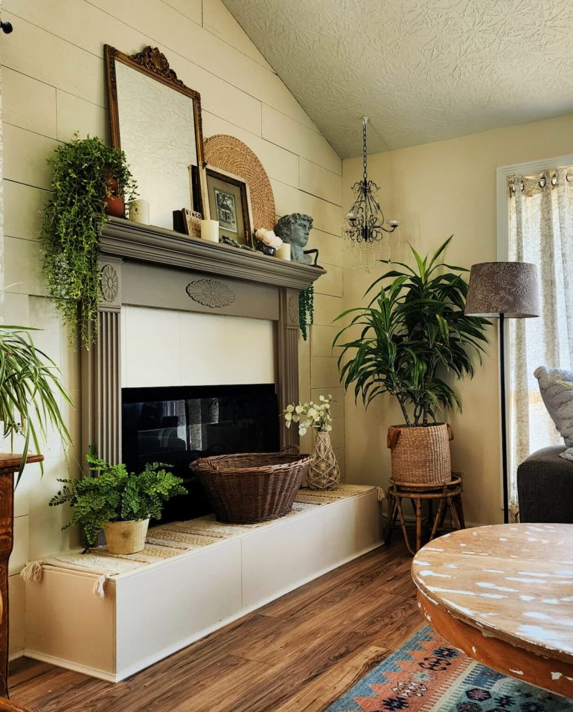 living with styled fireplace and mantel
