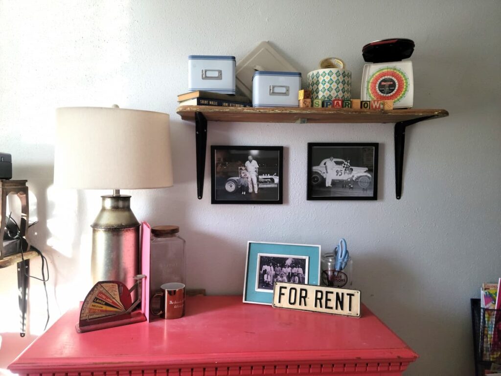 Pink dresser wall with shelf