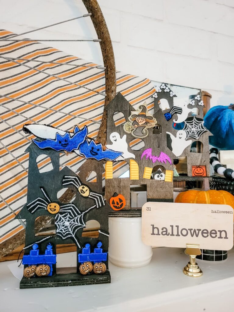 Small halloween houses and vintage flash card