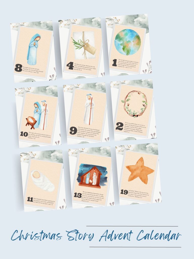 The Christmas Story Advent Calendar Printable is a great way to share the Christmas story with your family. This simple advent calendar includes cards with beautiful watercolor images of Jesus’ birth and scriptures.