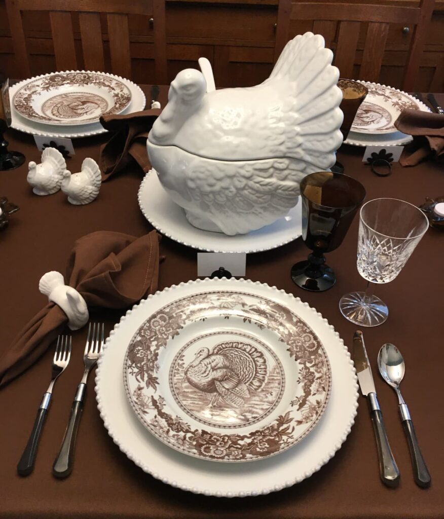 Table set with white and brown transferware