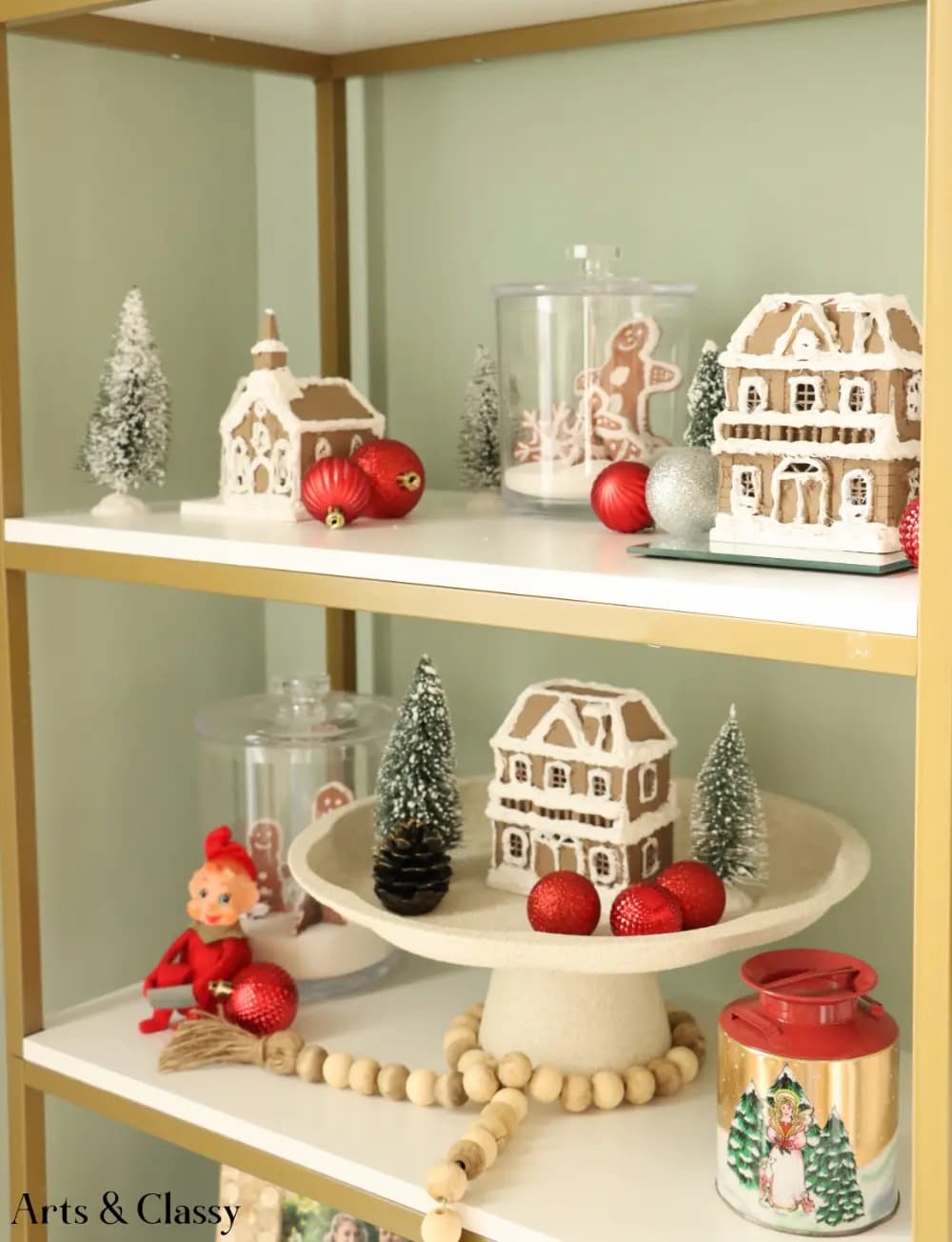 shelves with gingerbread decor