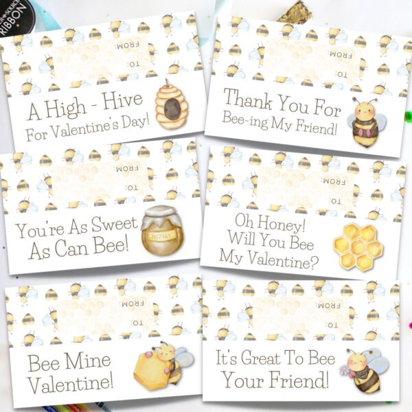 The Bee My Valentine Printable is designed with adorable bees, a hive, honeycomb and a pot of honey. Perfect for your little love bug to give a little bit of honey to her classroom valentines, friends, family and church groups.
