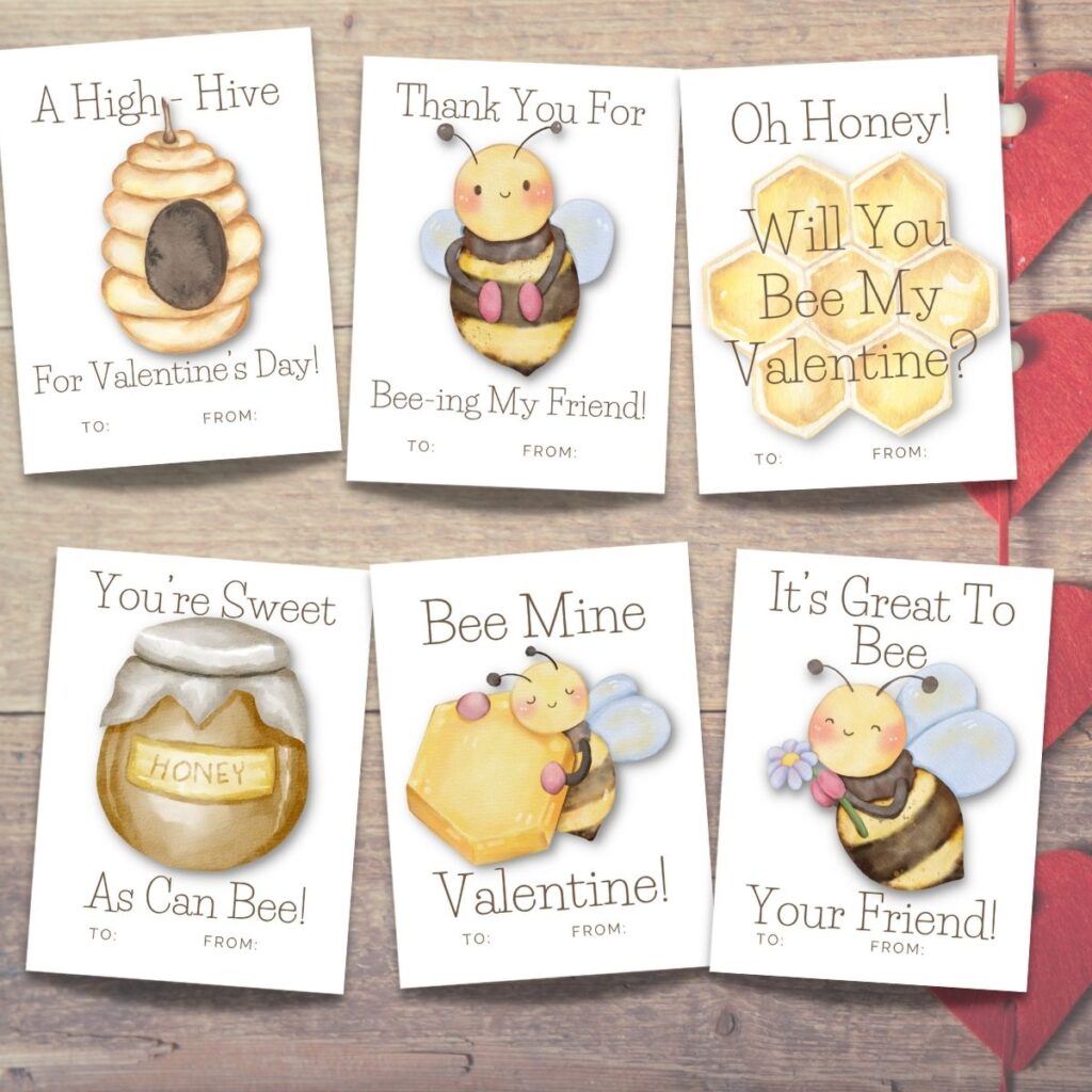 The Bee My Valentine Printable is designed with adorable bees, a hive, honeycomb and a pot of honey. Perfect for your little love bug to give a little bit of honey to her classroom valentines, friends, family and church groups.
