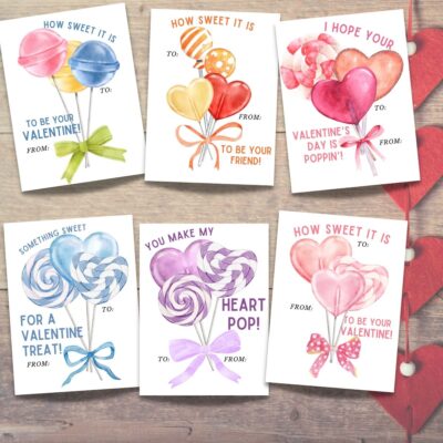 The lollipop valentine printable cards, tags and bag toppers are gorgeous with six beautiful watercolor designs of lollipops in a rainbow of pastel colors!