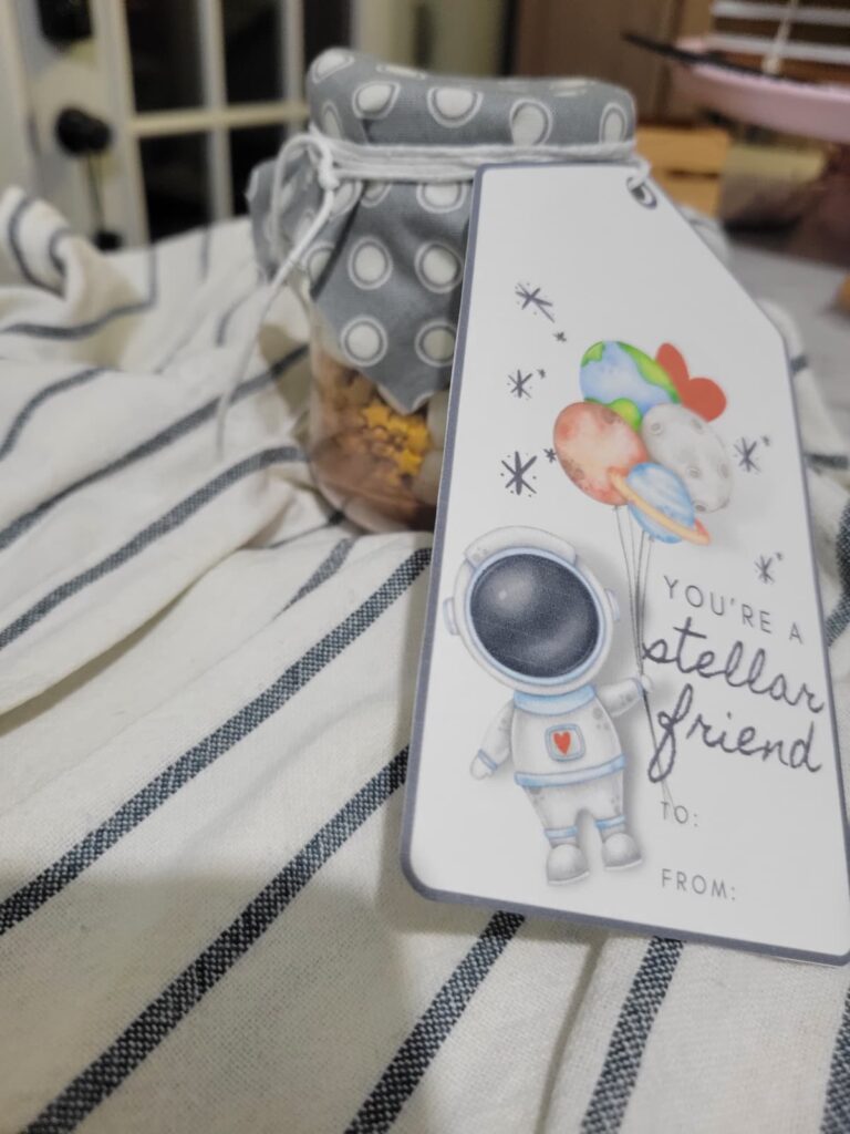 space theme valentine with hot cocoa jar