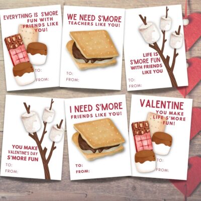 The s'more valentine printable cards, tags and bag toppers have beautiful watercolor designs of a s'mores, marshmallows and chocolate bars.