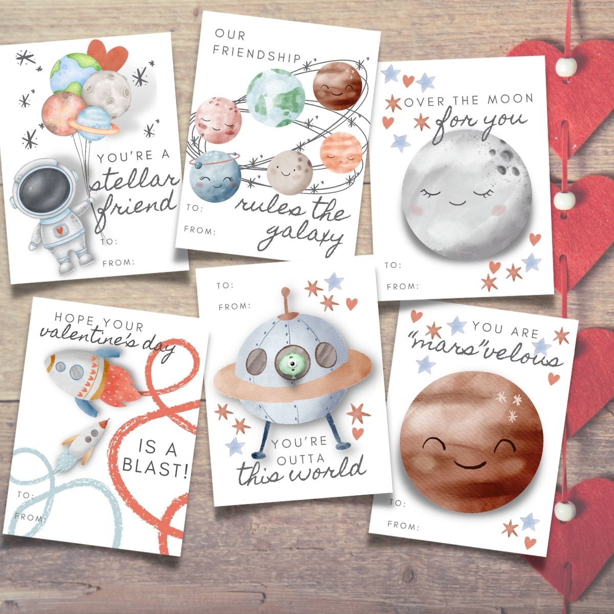 I am so excited to share these space-themed valentine cards, tags, and bag toppers with all of you! They are designed with a rocket ship or two, the solar system, an astronaut and an alien and his spaceship. These are beautiful watercolor images, not so much silly outer space, so even if you have older girls and boys who are into all things space these will be perfect!