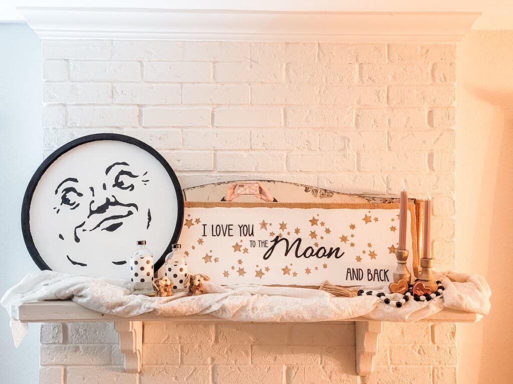 Valentine Mantel with man in the moon and love you to the moon and back sign