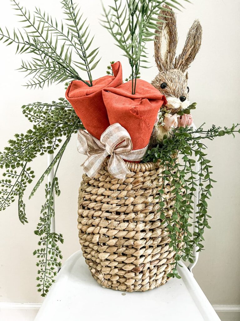 tall basket with bunny and handmade carrots