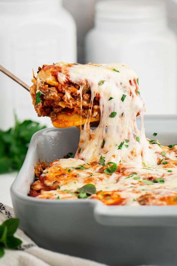 pan of lasagna with slice being removed