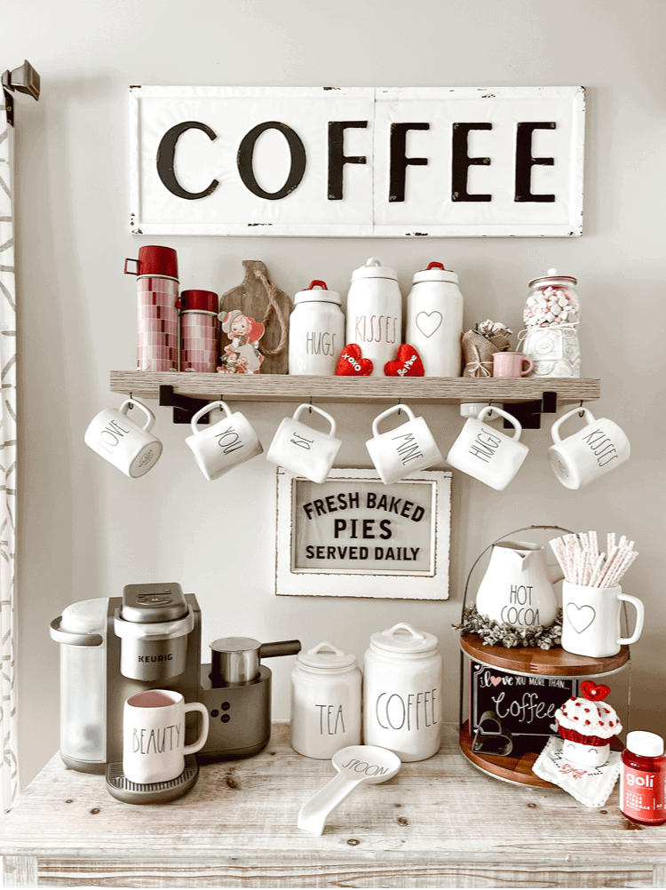 coffee bar with coffee sign and valentine decor