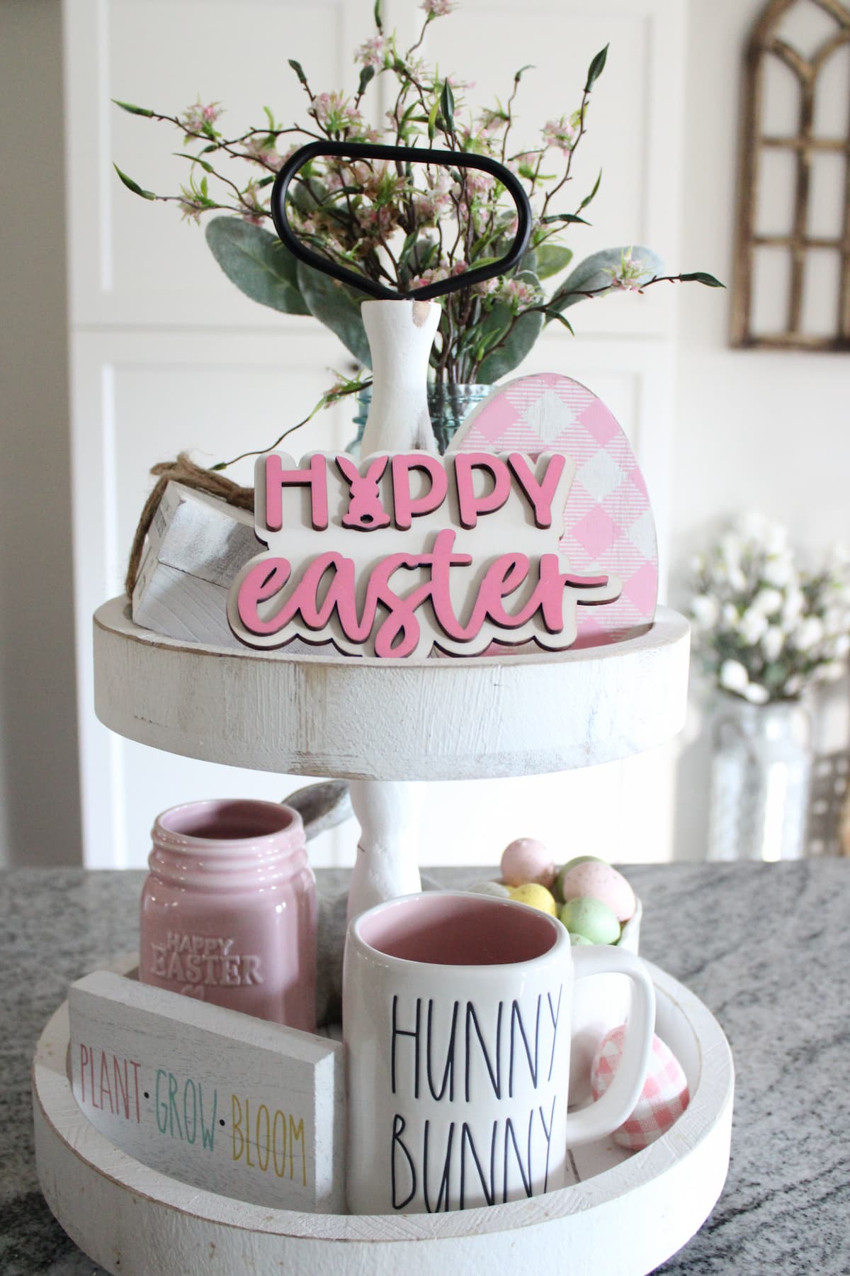 tiered tray with easter decor