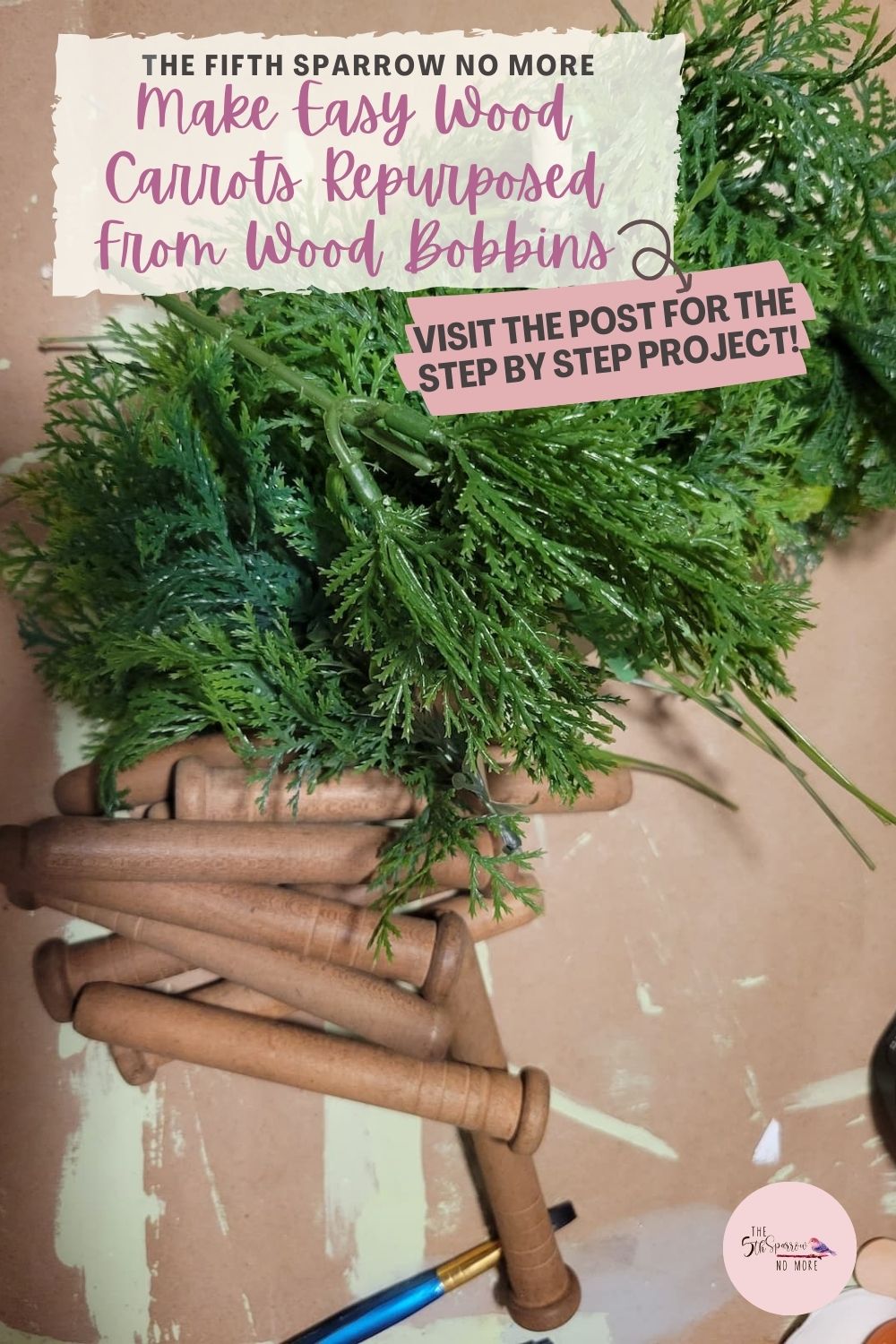 Make easy wood carrots repurposed from wood bobbins in this Easter craft. Use paint and greenery to transform vintage wood pieces into carrots.