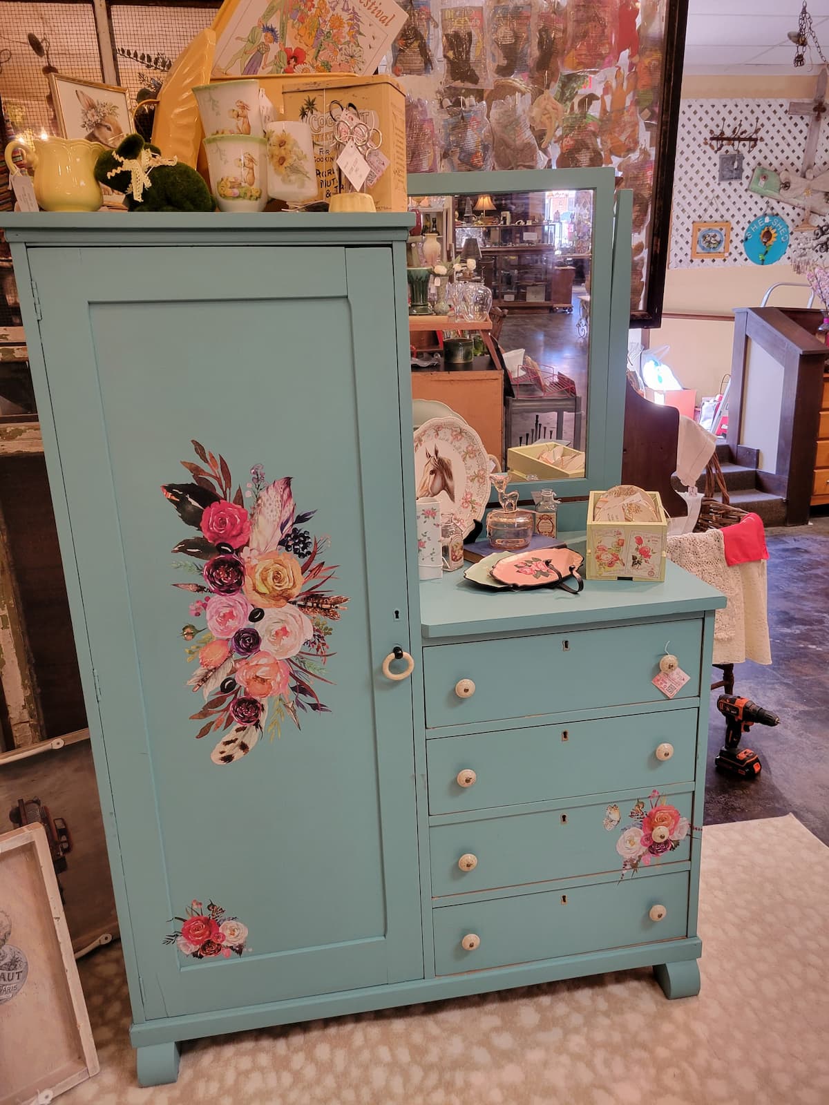 antique Wardrobe painted blue with Dixie Belle Flower Child Transfer