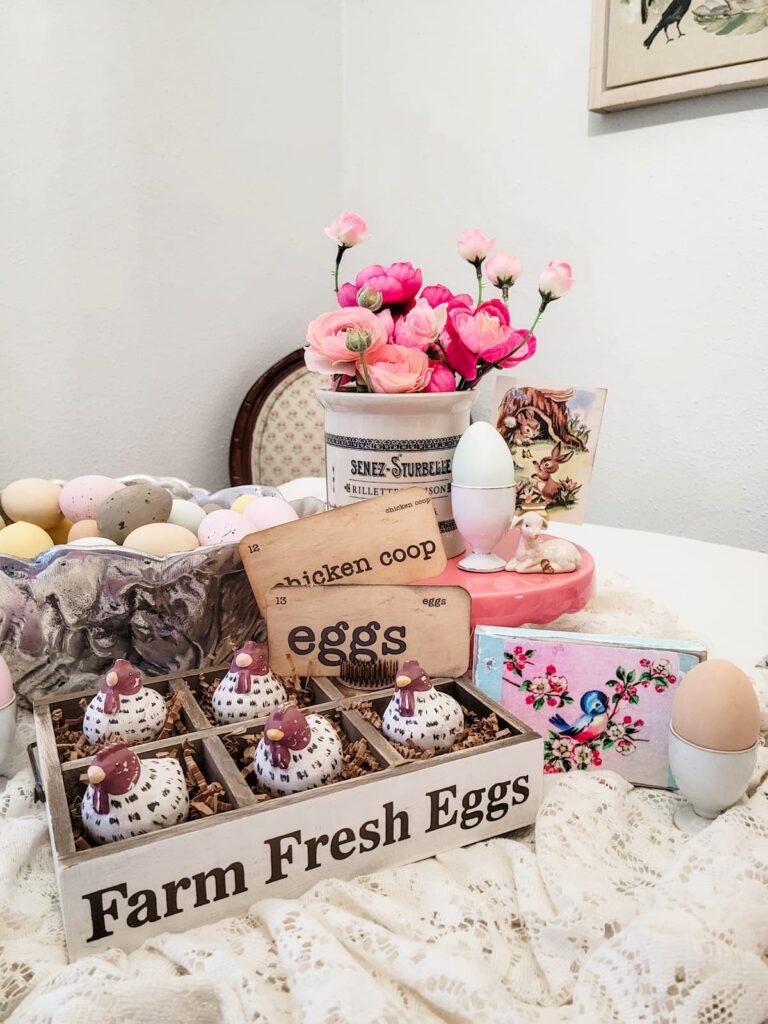 easter centerpiece with vintage flashcards