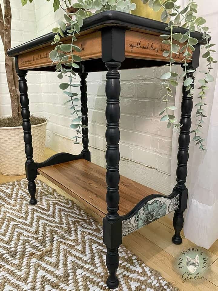 wood table with black accents