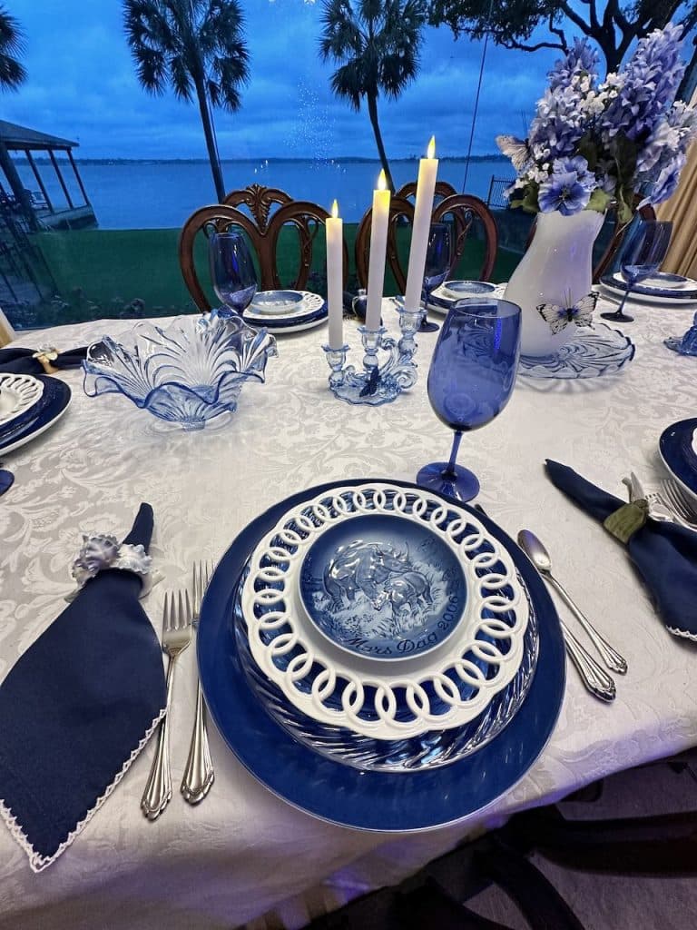 blue and white table settings